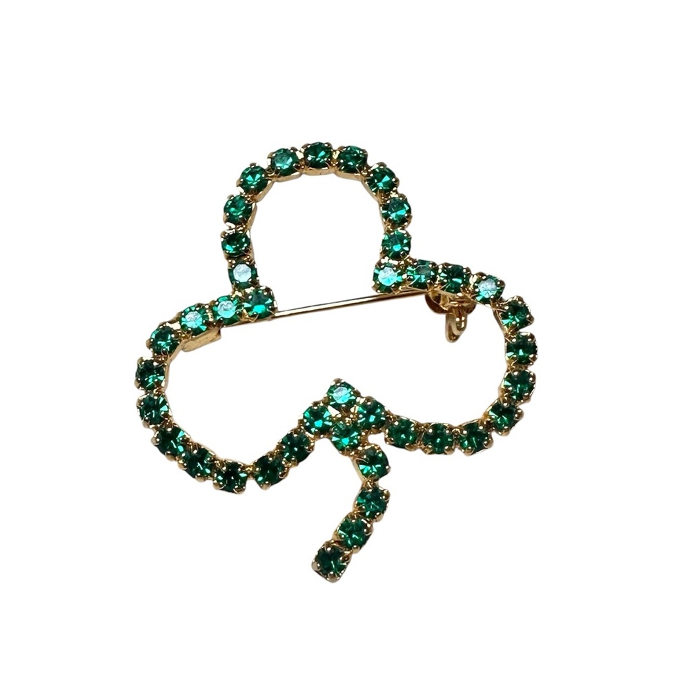 Vtg Retro 60s Green Prongs Rhinestone Leaf Clover Shamrock Good Luck Pin brooch